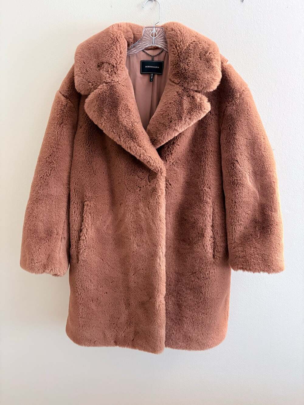 BCBGMAXAZRIA Dusty Rose Faux Fur Coat Teddy Jacket Mauve Size S Hidden Snaps